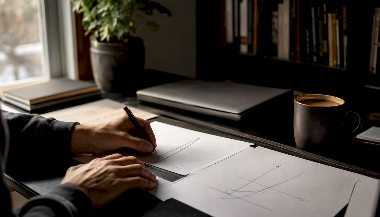 Hands sketching options market exposure graphs